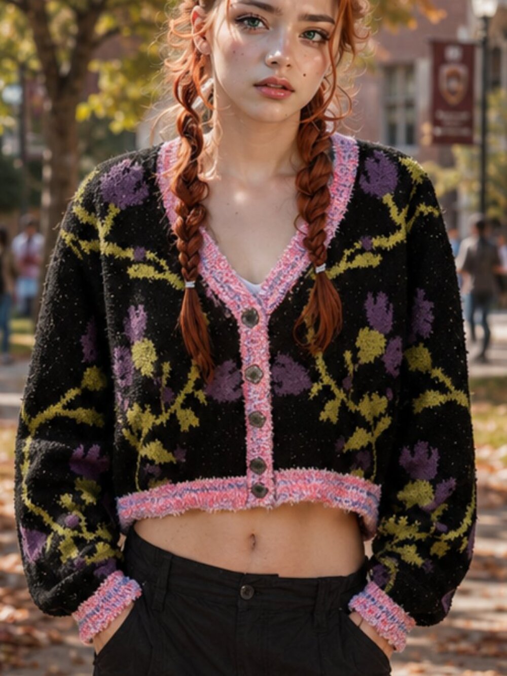 NWT POL Thick Plush Floral Jacquard Cardigan Pink Trim Cropped Cozy Boho Sweater